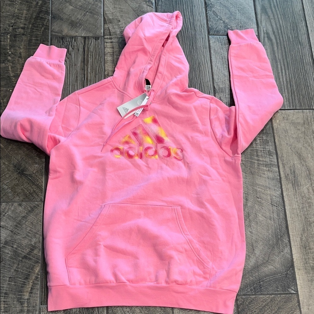 NWT Adidas Vibrant Pink Hoodie with Bold Yellow Logo